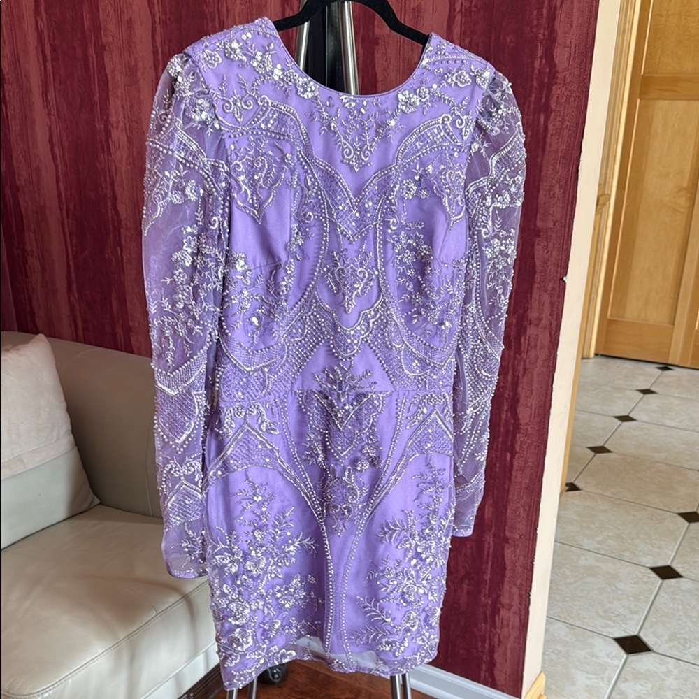 Dress the Population Purple Bodycon Bishop Sleeve Dress